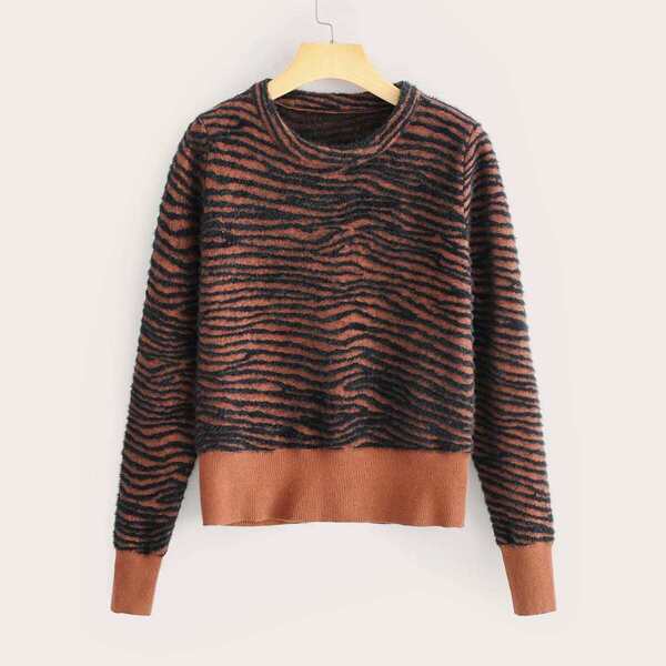 

Zebra Stripe Fuzzy Pullover Jumper, Multicolor