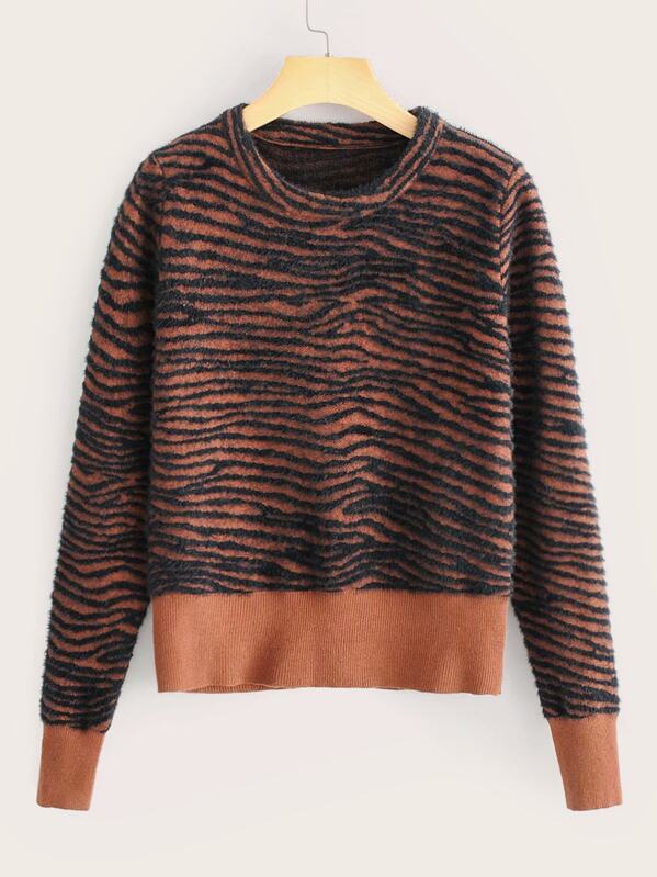 

Zebra Stripe Fuzzy Pullover Jumper, Multicolor