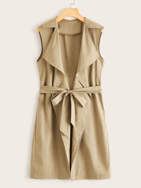

Waterfall Collar Belted Sleeveless Trench Coat, Khaki, April