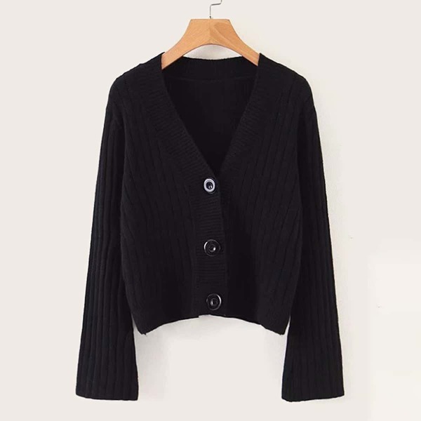 

Horn Sleeve V Neck Front Button Cardigan, Black
