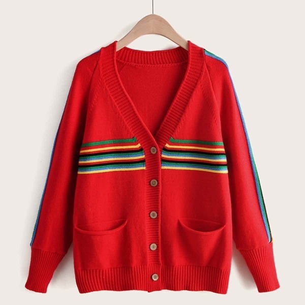 

Raglan Sleeve Striped Pocket Cardigan