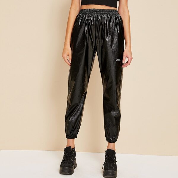 

Letter Print Elastic Waist Metallic Pants