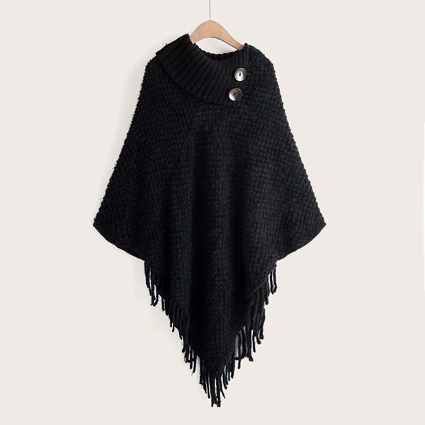 

Asymmetrical Fringe Hem Front Button Cape Sweater, Black
