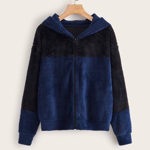 

Two Tone Zip Front Hooded Teddy Jacket