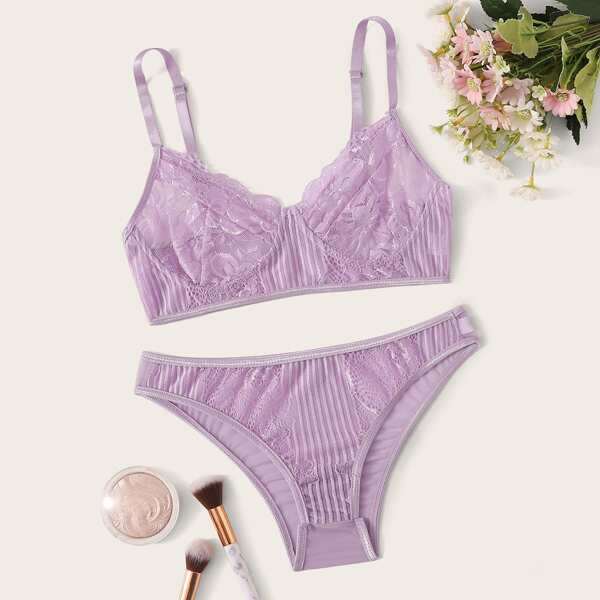 

Floral Lace Sheer Lingerie Set, Lilac purple