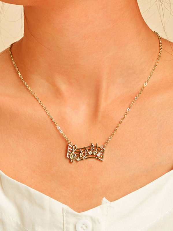 

Music Note Charm Rhinestone Engraved Pendant Necklace 1pc, Gold