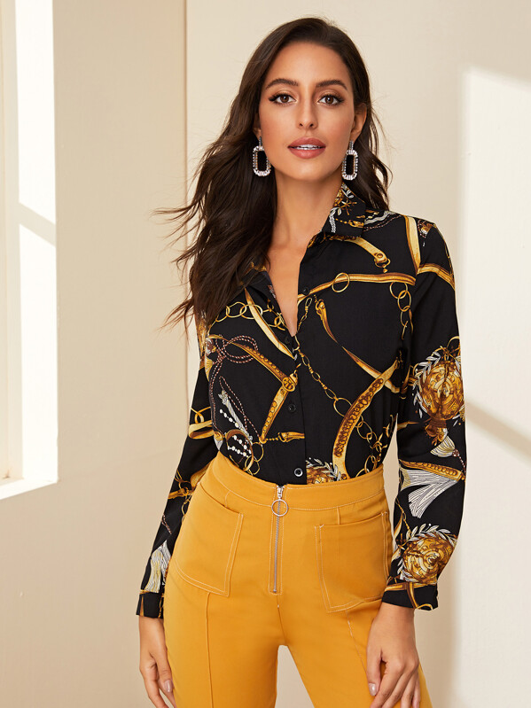

Button Front Chain Print Blouse, Black, Mary P.