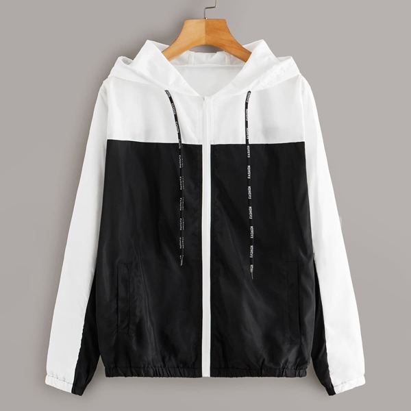 

Two Tone Letter Drawstring Hooded Windbreaker Jacket, Black and white