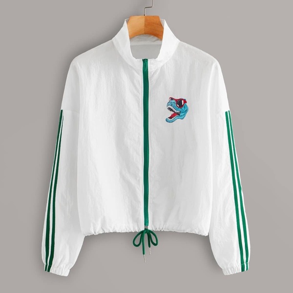 

Striped Side Dinosaur Print Drawstring Hem Windbreaker Jacket, White