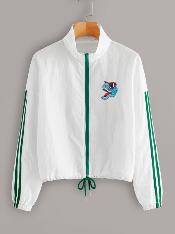 

Striped Side Dinosaur Print Drawstring Hem Windbreaker Jacket, White