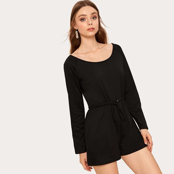 

Solid Scoop Neck Drawstring Waist Rumper, Black