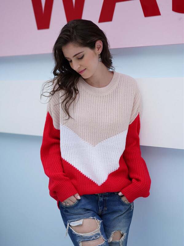 

Round Neck Contrast Panel Sweater, Multicolor