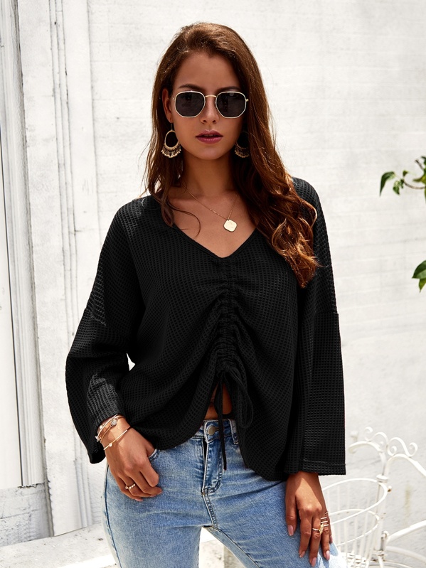 V Neck Ruched Tie Front Sweater, Black