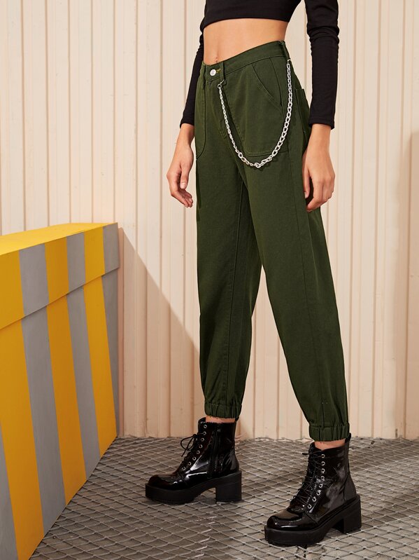 

Pocket Side Chain Detail Carrot Jeans, Army green, April