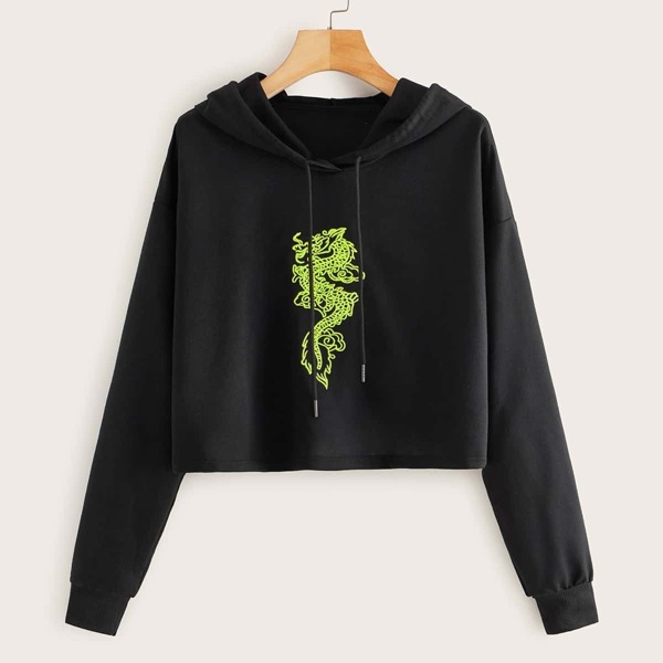 Dragon Embroidery Drawstring Hooded Sweatshirt, Black