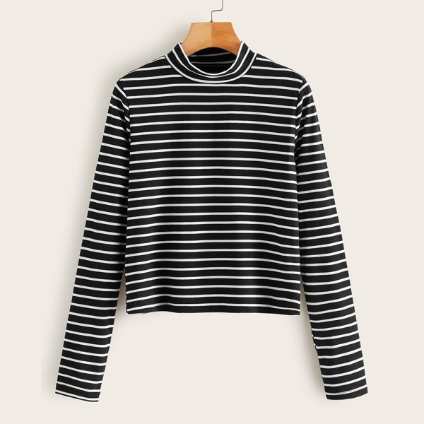 

Mock Neck Long Sleeve Striped Tee