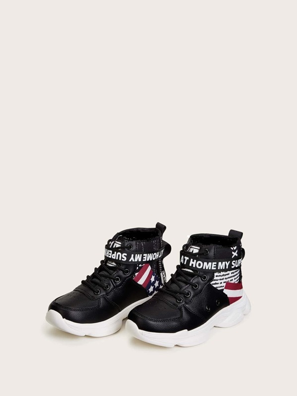 Boys High Top Random Slogan Ribbon Sneakers, Multicolor