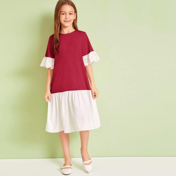 

Girls Two Tone Eyelet Embroidery Cuff Dress, Red
