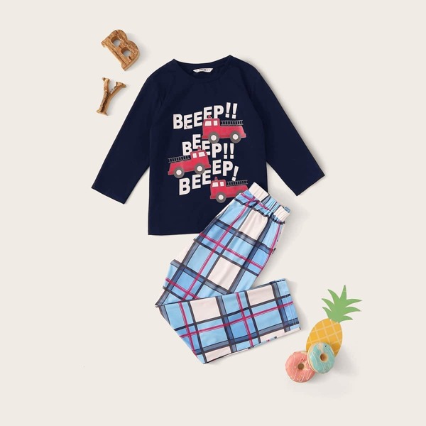

Boys Mixed Print Top & Plaid Pants PJ Set, Multicolor