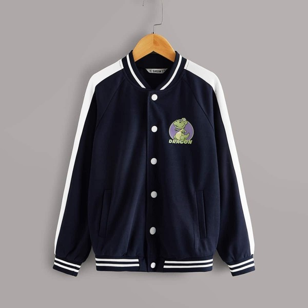 

Boys Contrast Striped Cartoon Graphic Jacket, Navy