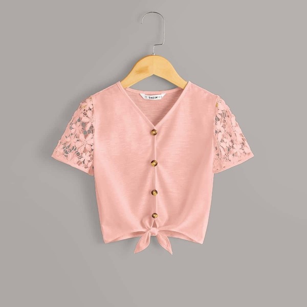 

Girls Button Detail Guipure Lace Sleeve Tie Hem Top