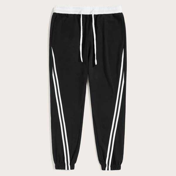 

Men Drawstring Waist Contrast Striped Sweatpants, Black