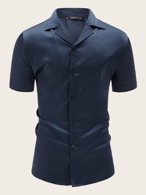 

Men Revere Collar Solid Satin Shirt, Navy