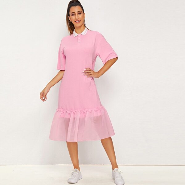 

Flounce Mesh Hem Button Front Collar Dress, Pink pastel