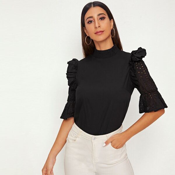 

Shirred Neck Ruffle Trim Schiffy Flounce Sleeve Top, Pink