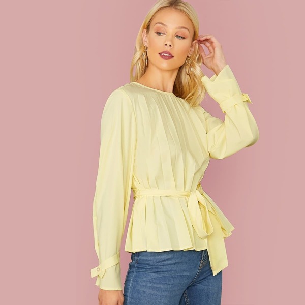 

Knot Cuff Pleated Belted Top, Yellow pastel