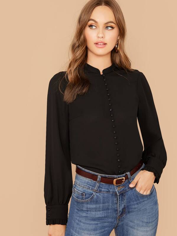 

Frill Trim Button Front Blouse, Black, Lily Easton