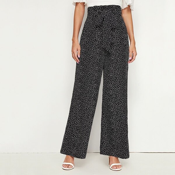 

Allover Print Paperbag Waist Wide Leg Pants