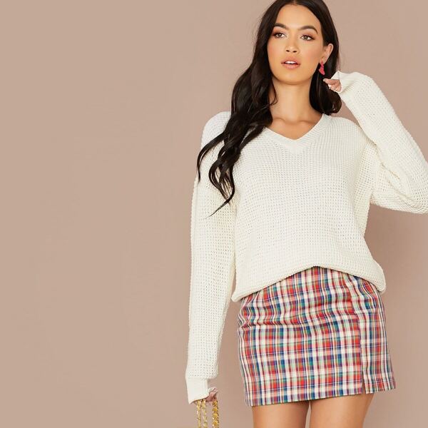 

V-neck Drop Shoulder Sweater, Beige