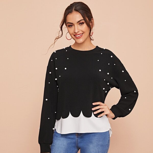

Pearl Beaded Scallop Edge 2 In 1 Sweatshirt, Black