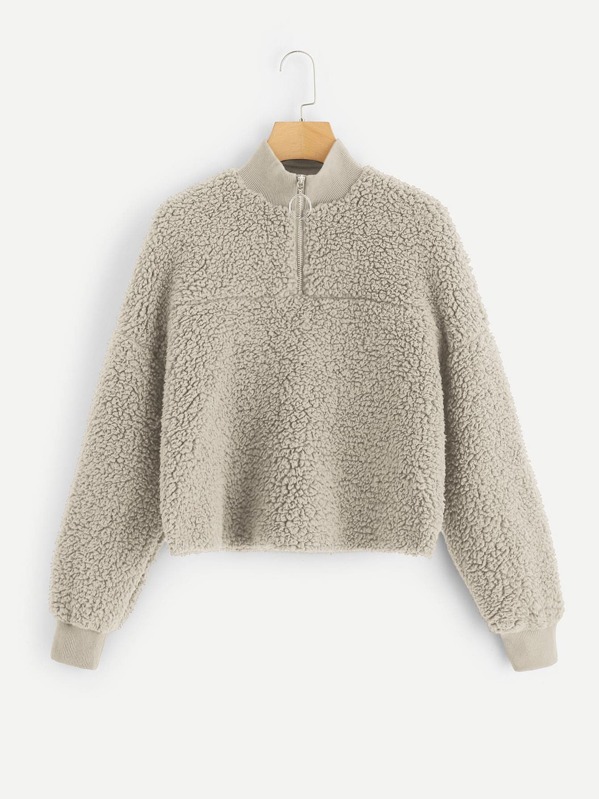 

Zip Half Placket Drop Shoulder Teddy Pullover, Grey
