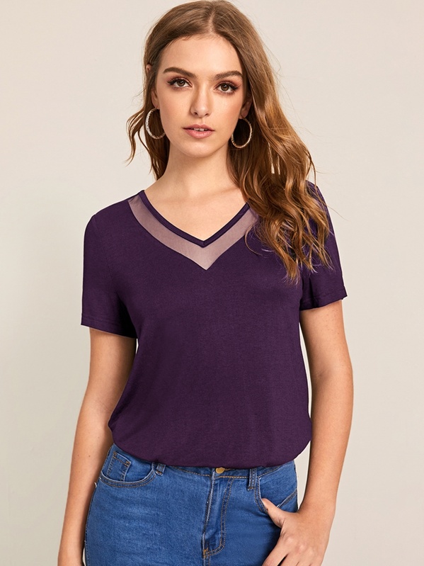 

Mesh Insert Short Sleeve Top, Purple, Luiza