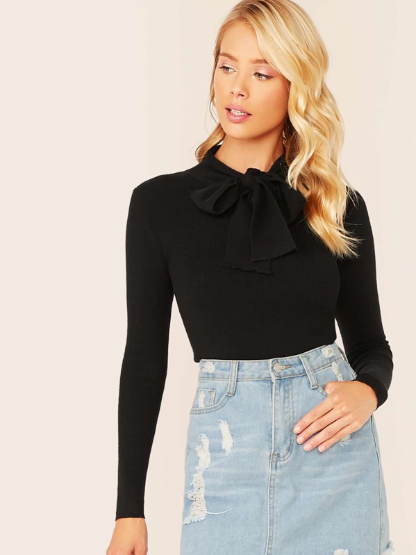 

Tie Neck Solid Fitted Sweater, Black, Allie Leggett