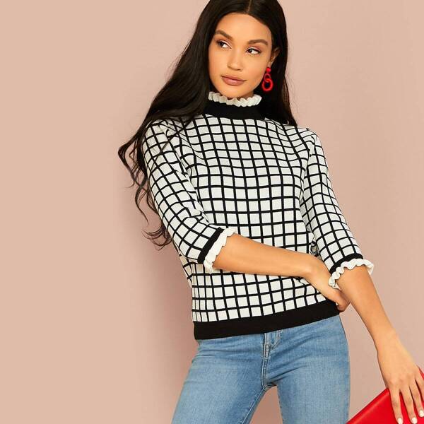 

Frill Neck Grid Sweater, Black and white