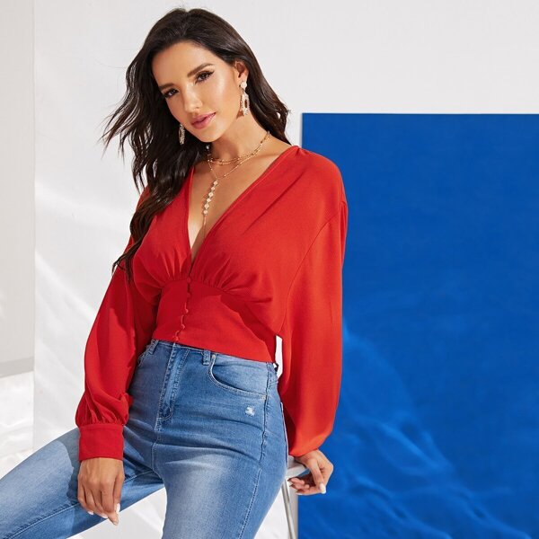 

Lantern Sleeve Plunging Button Front Top, Red bright