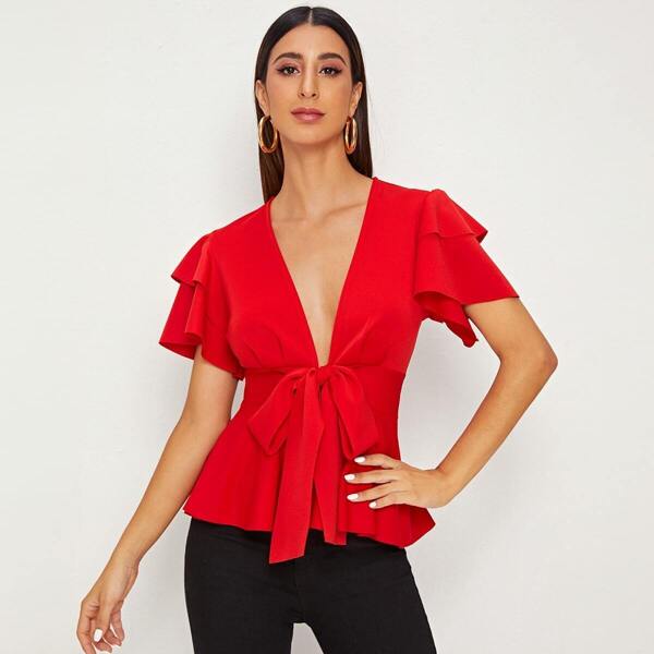 

Plunging Neck Layered Sleeve Tie Front Peplum Top