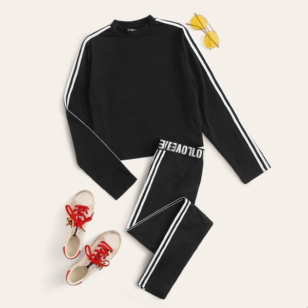 

Striped Sleeve Top and Metallic Letter Waist Leggings Set, Black
