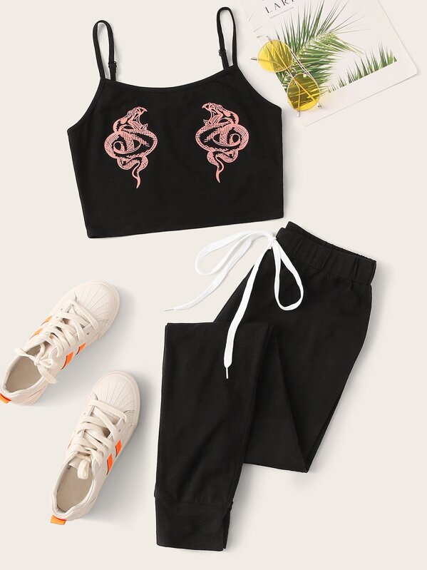 

Snake Print Cami Top & Leggings Set, Black, Luiza