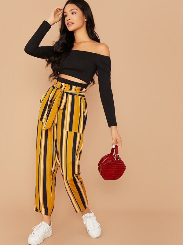 

Cut Out Bardot Top & Paperbag Waist Striped Pants Set, Multicolor, Juliette