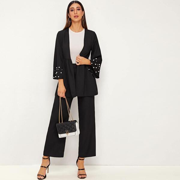 

Pearls Beaded Coat & Wide Leg Pants Set, Black