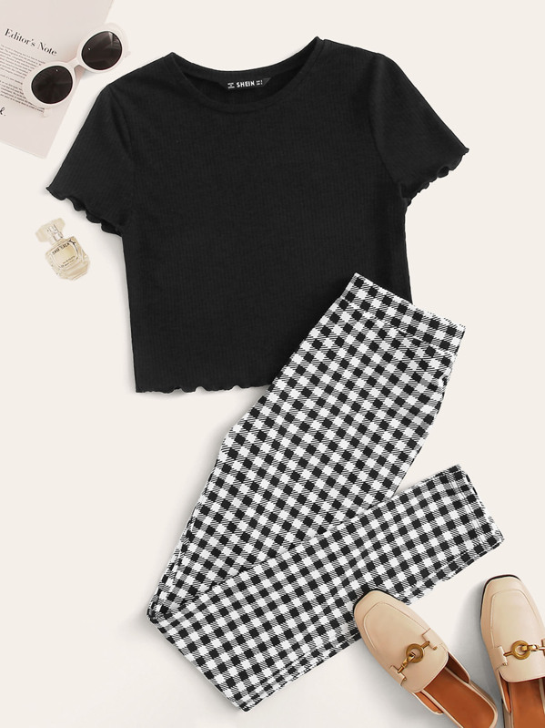 

Lettuce Trim Solid Top & Gingham Print Pants Set, Black and white