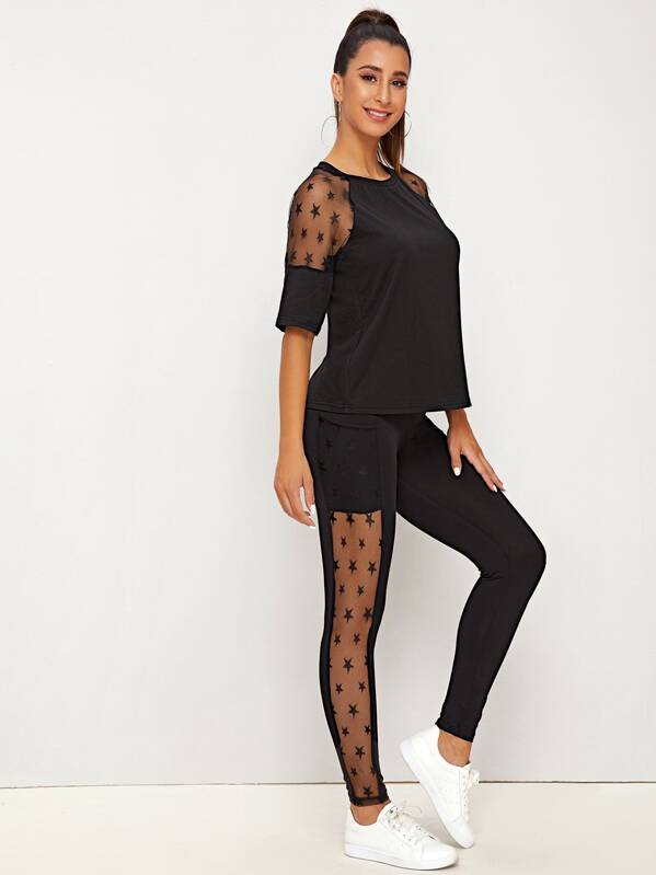 

Mesh Insert Raglan Sleeve Top & Leggings Set, Black, Gabe