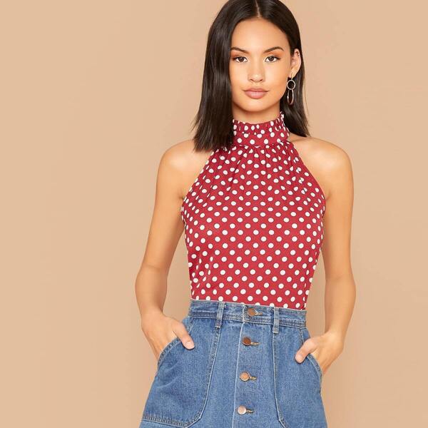 

Polka-dot Frill Trim Keyhole Back Top, Red