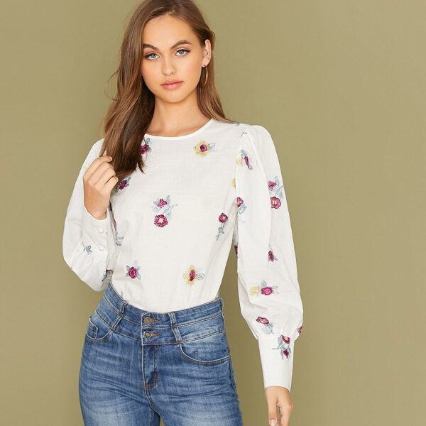 

Embroidery Detail Lantern Sleeve Blouse, White