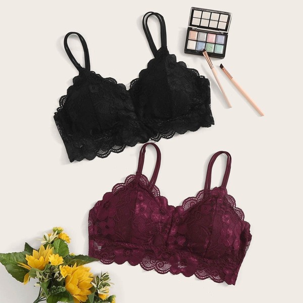 

Floral Lace Scalloped Trim Bra Set 2pack