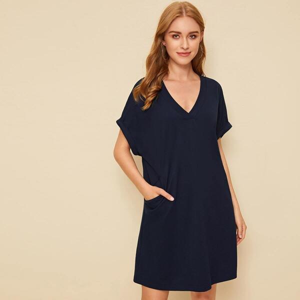

V-neck Cuffed Sleeve Pocket Side Dress, Navy